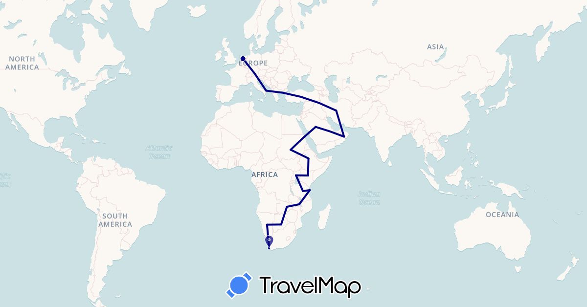 TravelMap itinerary: driving in Botswana, Ethiopia, Iran, Italy, Kenya, Malawi, Namibia, Netherlands, Oman, Saudi Arabia, Sudan, Tanzania, Uganda, South Africa, Zambia (Africa, Asia, Europe)